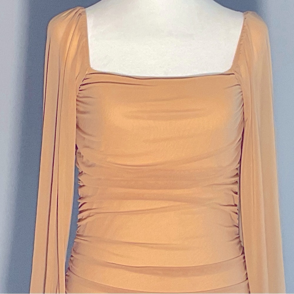 Beige Ruched Bodycon Dress Sheer Sleeves |Size S - Picture 2 of 16